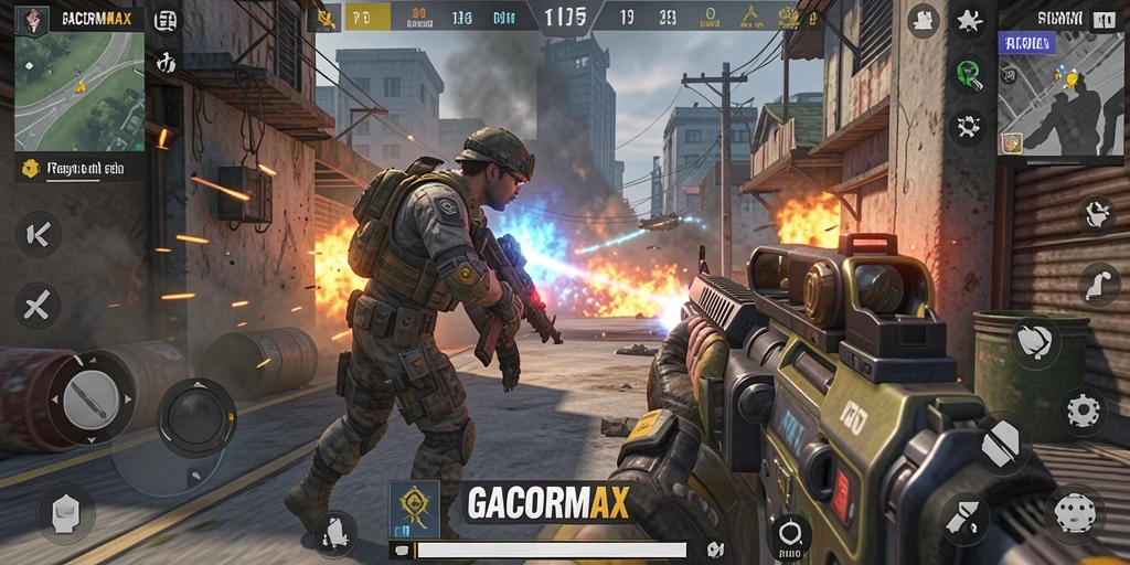 Tampilan gameplay GACORMAX dengan aksi menembak yang intens.