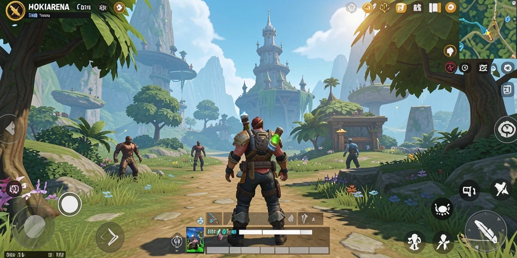 Tampilan gameplay HOKIARENA dengan pemandangan menakjubkan di dunia terbuka.