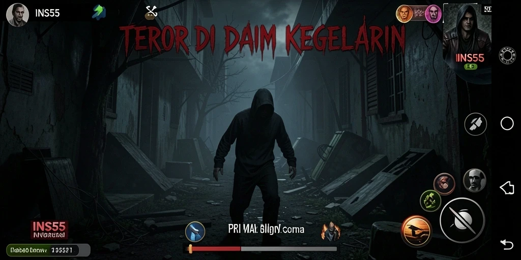 Screenshot gameplay INS55 menampilkan suasana mencekam dengan efek visual yang menakutkan.