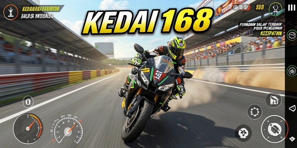 Tangkapan layar gameplay KEDAI168 menampilkan balapan motor yang menegangkan.