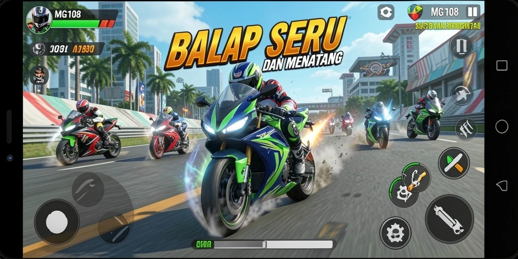 Screenshot gameplay MG108 menampilkan balapan motor yang intens.