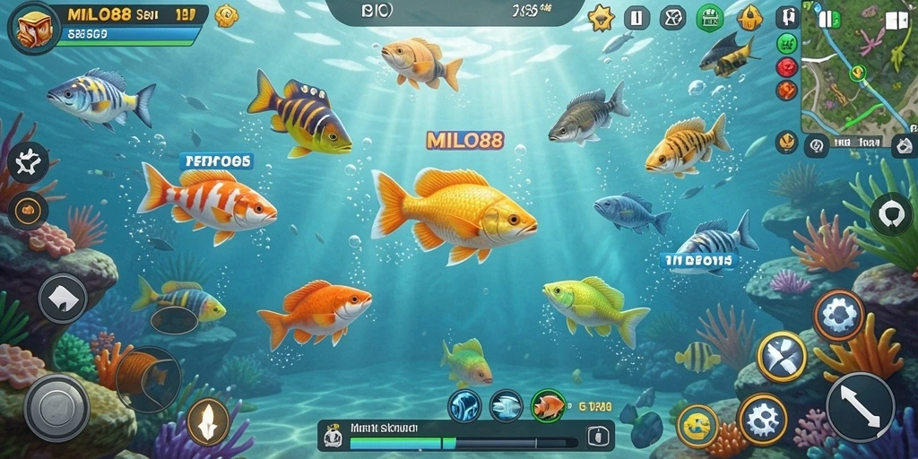 Tangkapan layar gameplay <strong>MILO88</strong> menunjukkan serunya menembak ikan di lautan.