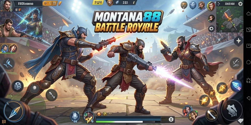 Screenshot gameplay MONTANA88 menampilkan pertarungan seru di Battle Royale.