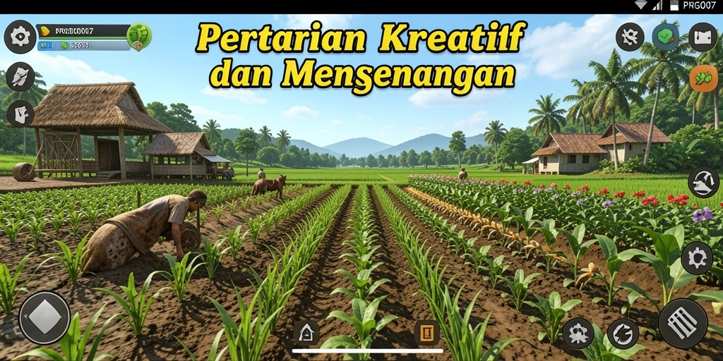 Tangkapan layar PRG007 menampilkan suasana pertanian yang subur dan aktivitas bertani.